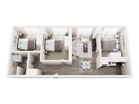 Floor plan for 3 beds, 1 bath, 890 sqft